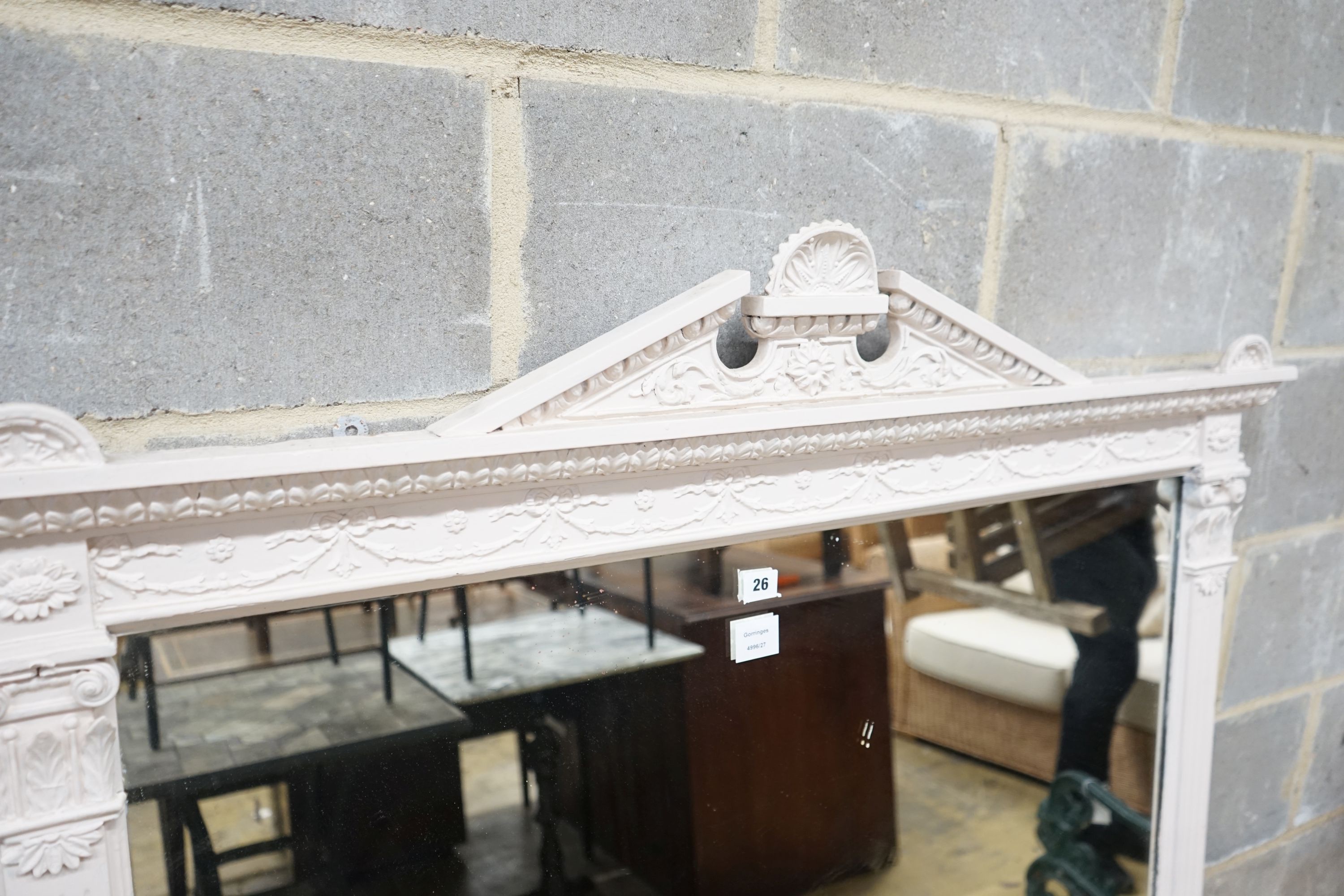 A Victorian later painted overmantel mirror, width 119cm, height 150cm